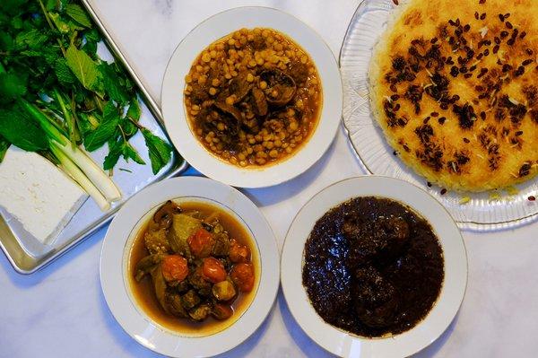 Persian feast, split peas stew, eggplant stew, walnut and pomegranate stew and saffron rice