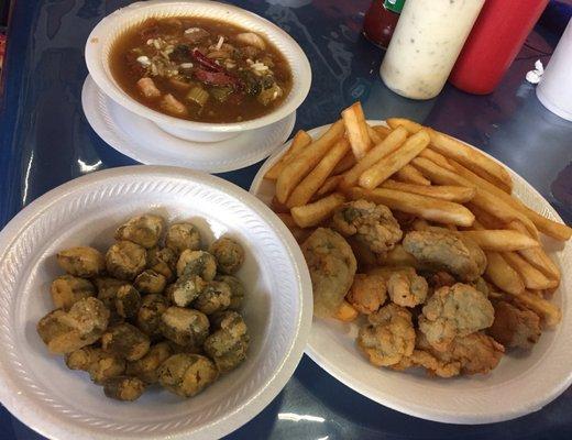 5 Oyster Plate. Fried okra side. 12 oz. Seafood Gumbo.