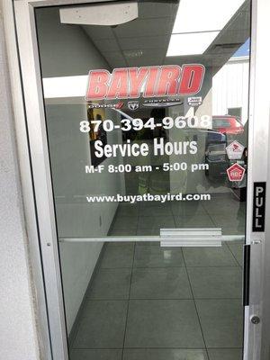 service department entrance and hours of operation