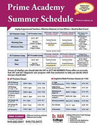 2020 Summer Schedule