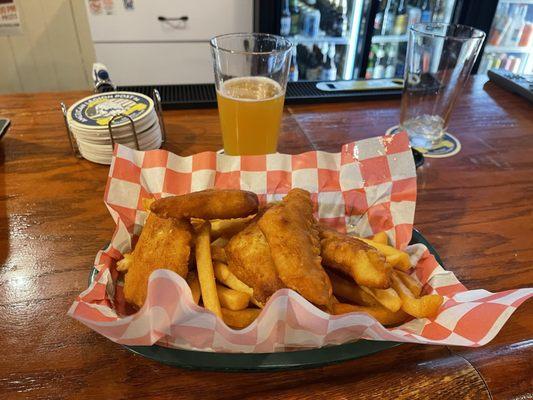 Fish and chips! Perfectly cooked and seasoned, crispy and delicious.  2 Silos brewing company IPA.