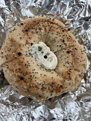 everything bagel toasted with scallion cream cheese