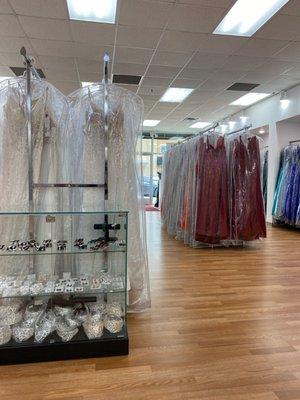 Dresses, earrings, necklaces and tiaras