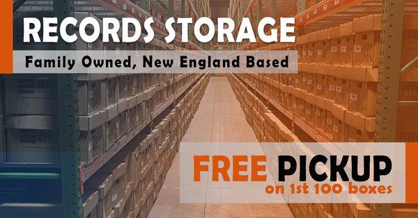 Free pickup on first 100 record storage boxes. Valid through June 2018.