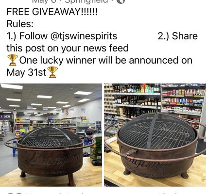 Follow us on Facebook and instagram to win this yuengling fire pit