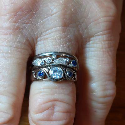 One of a kind Diamond and Sapphire 2 Ring set, hand fabricated in white gold