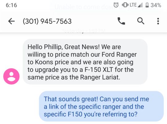 Message between the dealership and I.