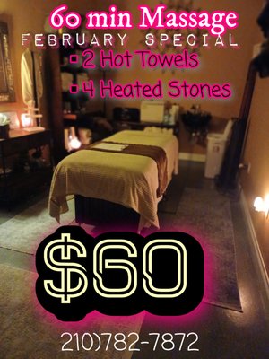 60 min massage enhanced with two hot towels and 4 heated stones only $60 for the month of February