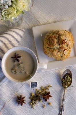 Made from scratch with sweet Wisconsin butter, almonds & a dash of almond extract, our hand scooped round scones pair perfectly with tea.