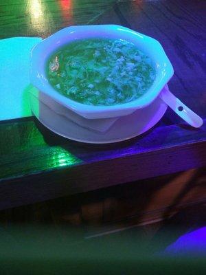 Egg Drop Soup with Chopped Scallions. It works for me, but next time I will try it without the Scallions.