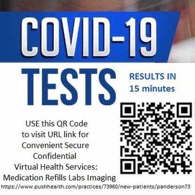 COVID-19 test results in 15 minutes. Scan code for  #imaging #Telemedicine #Medication #REFILL #Lab #Treatment