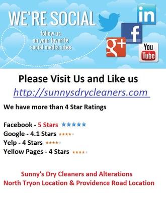 Sunnys Dry Cleaners is now on Facebook, Yelp, Yellow Pages, Google and all Major Social Media