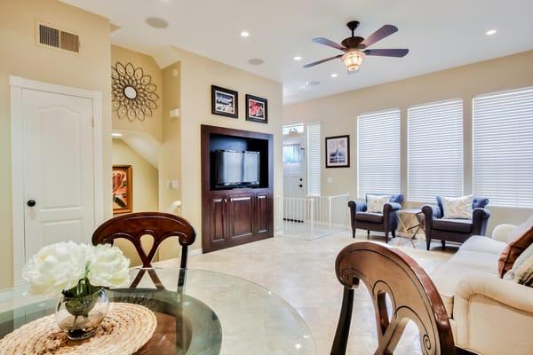 Recessed lights and ceiling fan.  He also installed a semi-flush mount at the entry but no pic of it.