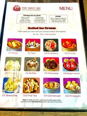 Rolled ice cream menu