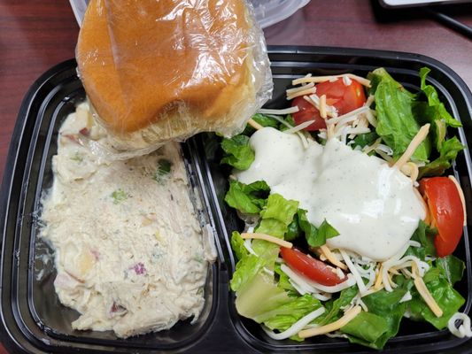 Grab 'n Go lunch:  smoked chicken salad, salad, Hawaiian roll.