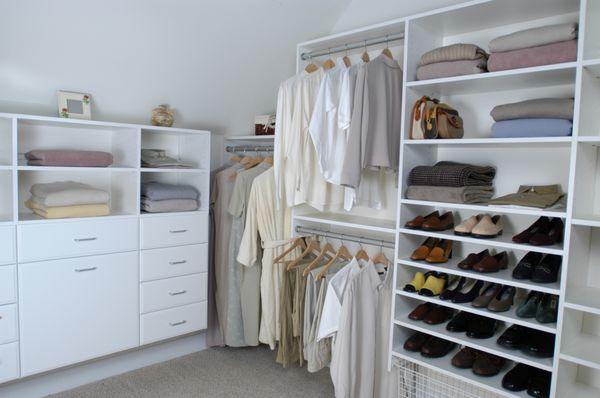 Melamine closet in white with shoe organizer.