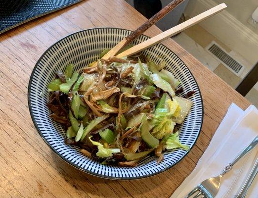 Stir fry with lily buds, wood ear mushrooms, lotus roots, and cabbage