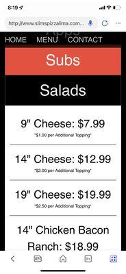 Website menu pizza prices