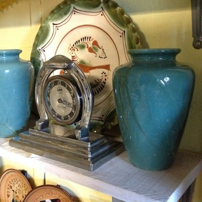 Art Deco Chrome clock signed,  Green pottery vases ......