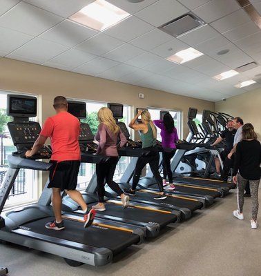 Cardio machines looking out to pool