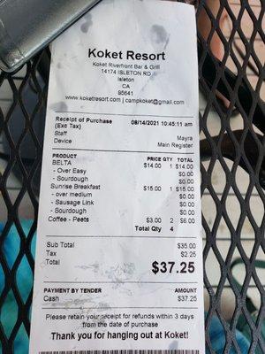 Receipt for breakfast.