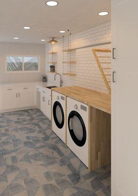 3D rendering of proposed design for laundry room remodel.