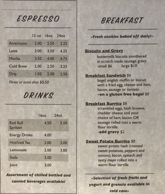 Drinks and Breakfast menu