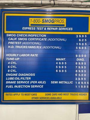 Smog Inspection prices at Smog Pro and hourly rate.