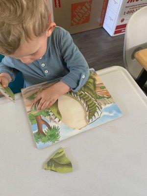 Dinosaur puzzle, his favorite work and daycare