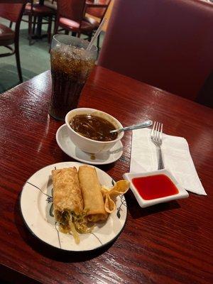 1 Piece Chicken Egg Roll Dinner Hot and Sour Soup Dinner Coke beautiful wife