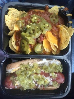 Sausage dog and loaded nachos