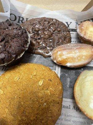 Our sweets haul. Under $10. Choc muffin; choc walnut GF cookie; Anzac cookie; Madelines 3/$3.25