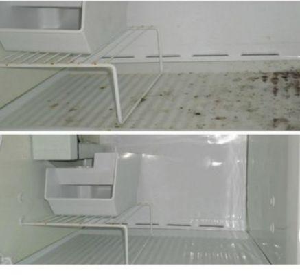 Before and after pictures of a freezer clean