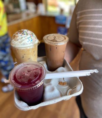 Birthday cake cold brew, butterfly berry iced tea and chocolate covered strawberry latte