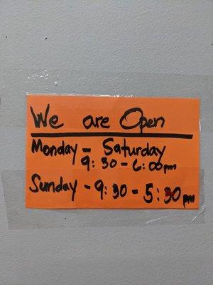 Store hours as of 10/9/21