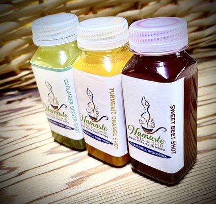 Wellness shots 2 oz shots with delicious all natural flavor. Turmeric - Carrot, Orange Ginger- cucumber, Celery Beet- Apple, Mint Veg, GF