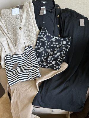 Crochet sweater, black dress, khaki slacks, three blouses, cotton jacket... All of this for less than $250!