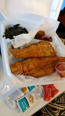 Two piece Whiting with fried okra and collard greens.