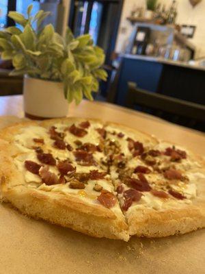 Pizza with goat cheese, walnuts  & bacon! Yummy