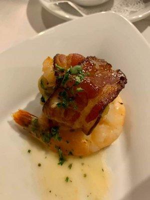 Starter- Stuffed Shrimp with Cherrywood Smoked Bacon topped with Beurre Blanc