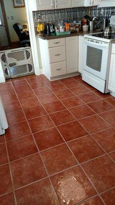 Ceramic tile. 20 years old, had a grout problem. Clean the grout. He loved it.