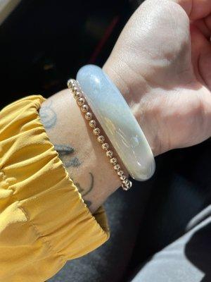 Got this beautiful jade bracelet back in 01/23/2020. It is now 04/16/2021. Never took it off and it's still so pretty! 3