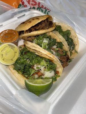 Birria, Chicken taco and beef fajita taco and gordita.