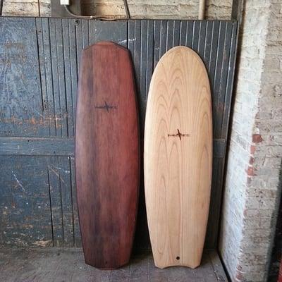 Redwood 5'8, paulownia 5'6. Available at Patagonia Surf Bowery, NYC.