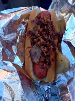 The signature crazy dog!  The spicy sauce is awesome.