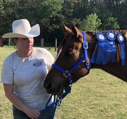 Lily and Red after a day of winning blue ribbons!