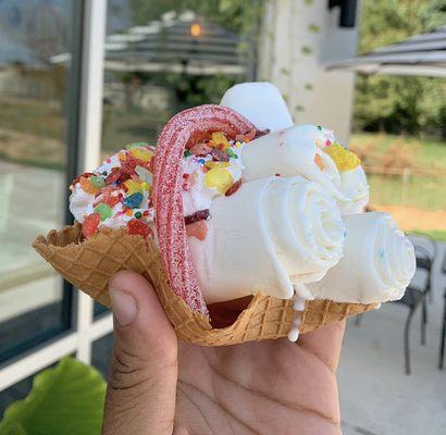 Rolled Ice cream in a waffle bowl!