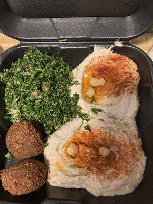 tabouli, hummus, baba ghanouj, falafel