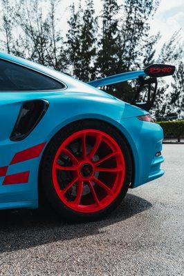 Porsche gt3rs full customization from full wrap, powder coated rims, custom decals, window tint  and more.