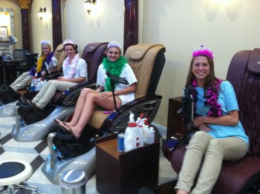 Our princesses are getting pampered before Homecoming.  We can accomodate party of 20 manicures and pedicures at the same time.